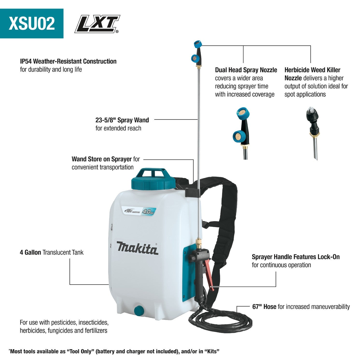 Makita 18V LXT® Lithium‑Ion Cordless 4 Gallon Backpack Sprayer Kit (4.0Ah)